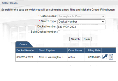 Searching for an existing Superior Court case in the Select Cases screen.